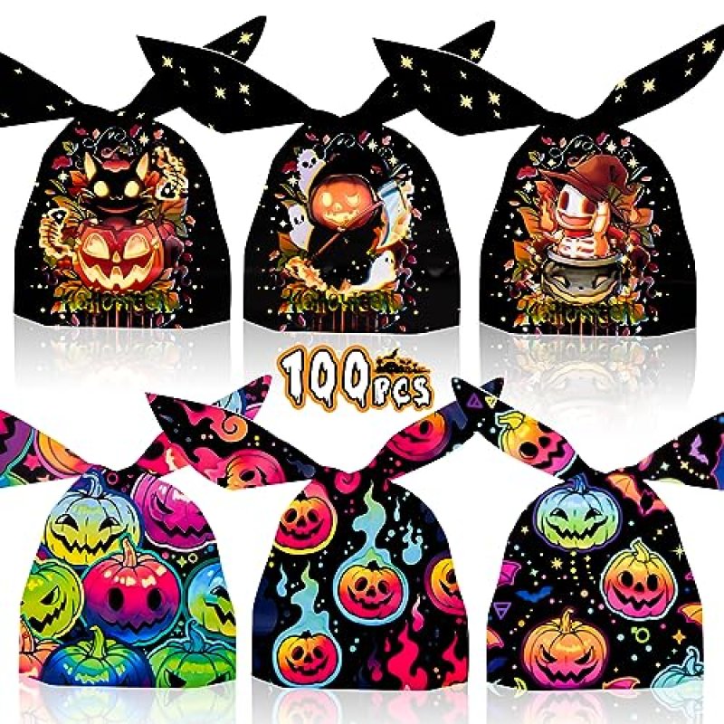 100 PCS Halloween Sweets Bags for Trick or Treat,…