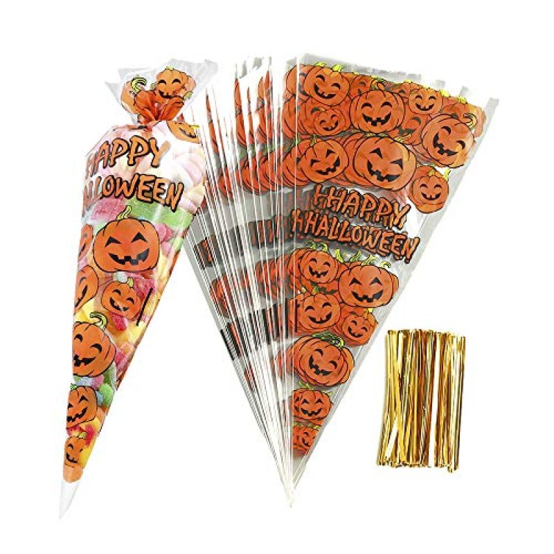 RFWIN 100Pcs Pumpkin Cone Bag Halloween Clear…