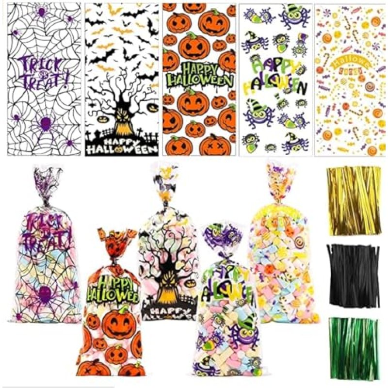 DIYDEC 120pcs Halloween Cellophane Bags, Pumpkin…