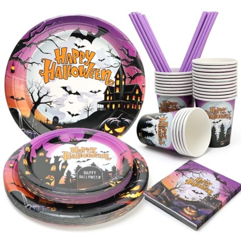 PARTY GO 125PCS Halloween Party Tableware, Purple…