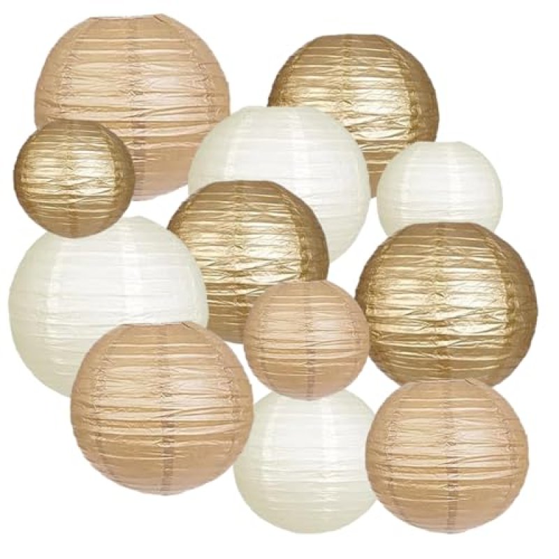 12pcs Gold Cream and Khaki Paper Lanterns,Hanging…