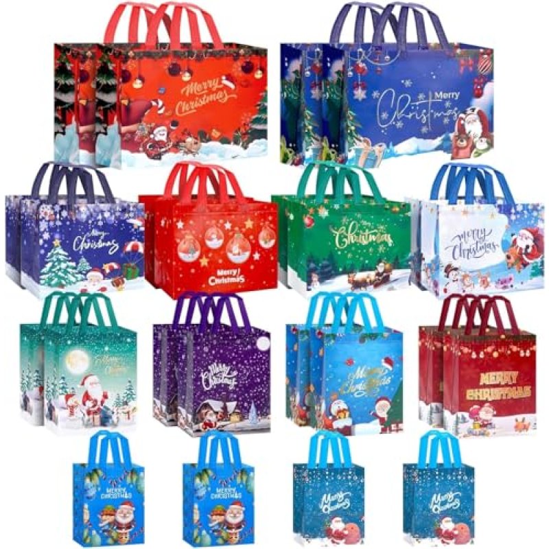 24 Pack Christmas Bags Assorted Sizes, Reusable…