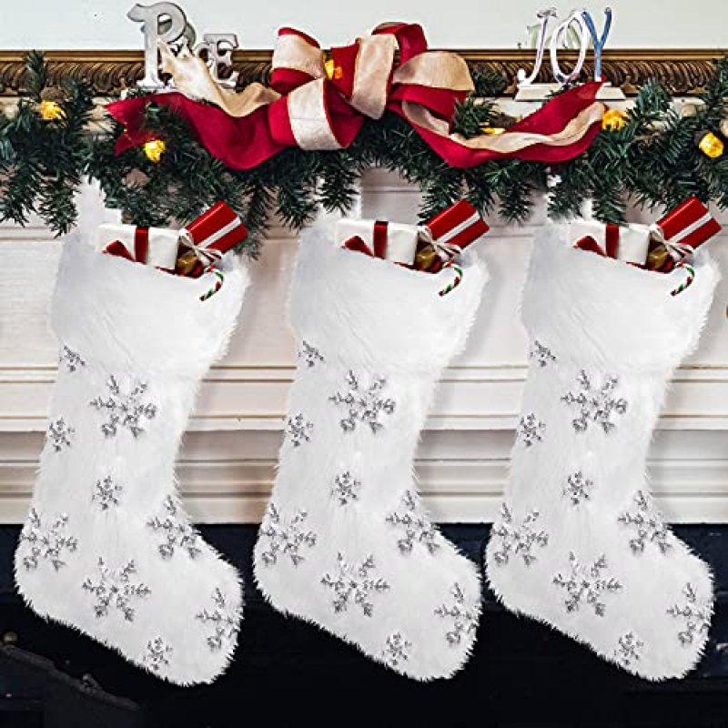 DTYDECL 3 Pack Christmas Stockings, White Faux…