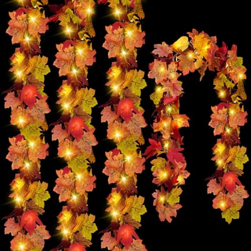 CQURE 4 Pack Fall Leaf Garland with Lights,Fall…