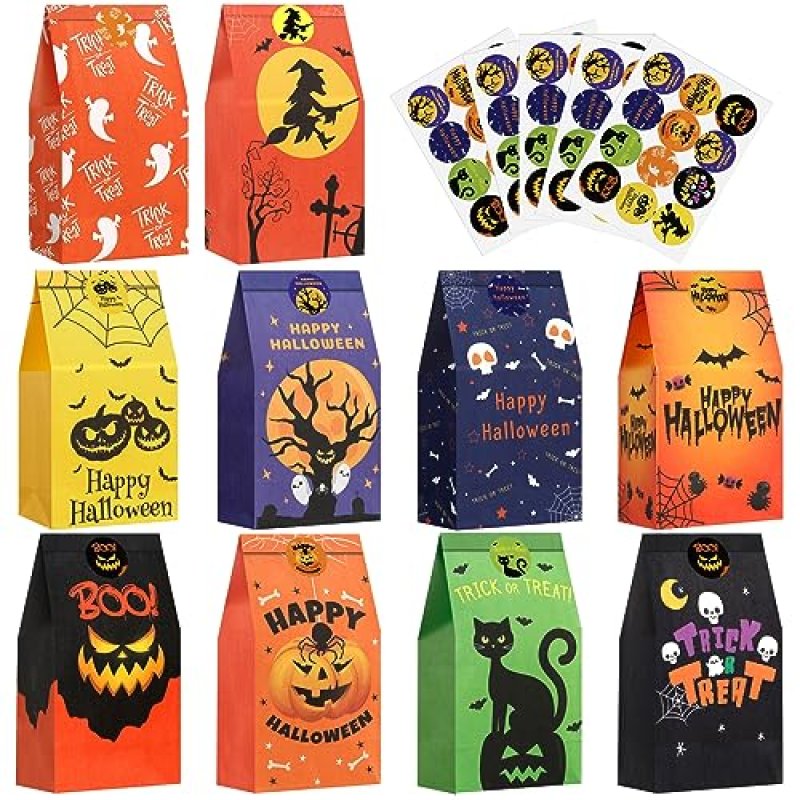 50pcs Halloween Treat Bags with 60pcs Stickers -…