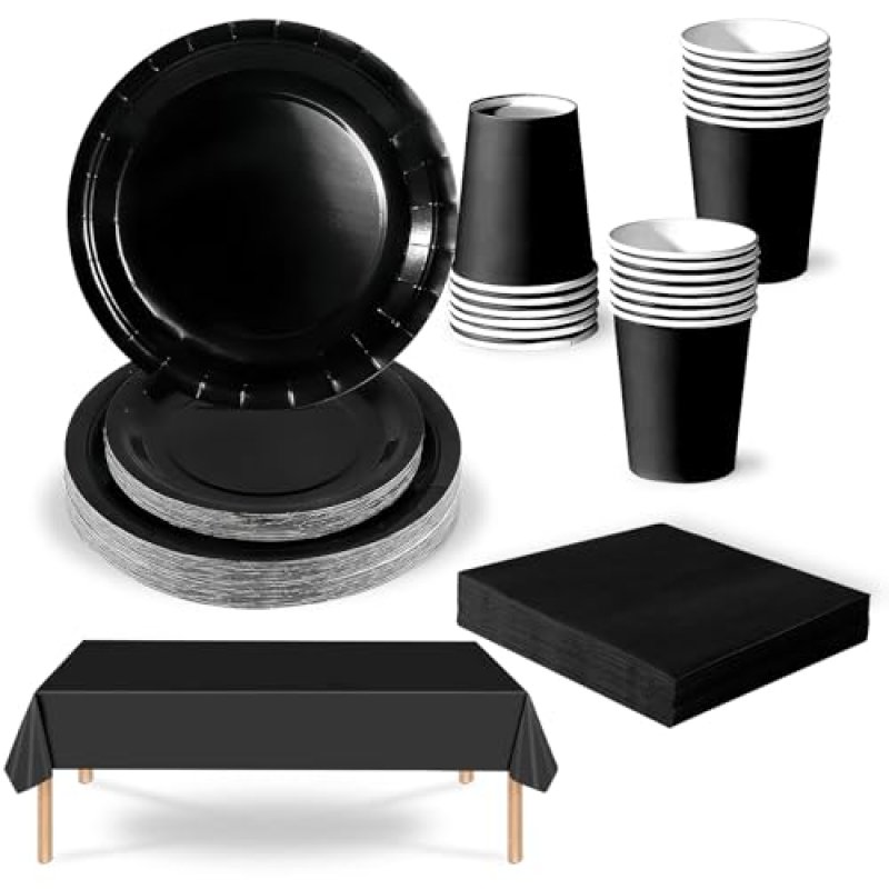 69Pcs Black Party Tableware Plastic Table Cloth…