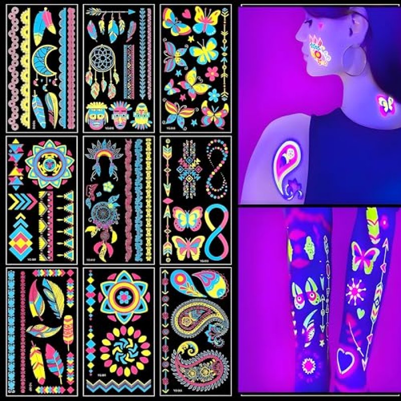 9PCS Neon Temporary Tattoos, 200+ Multiple Unique…