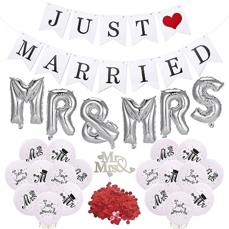 JUST Married Wedding Banner Balloons Mr & Mrs,…