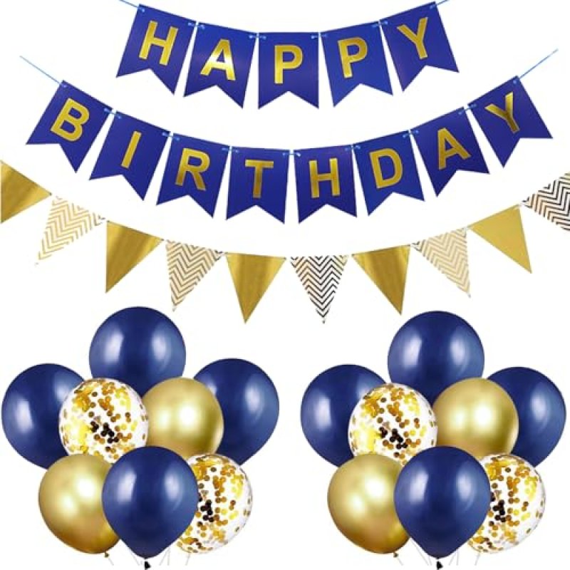 Navy Blue Gold Happy Birthday bunting Banner…