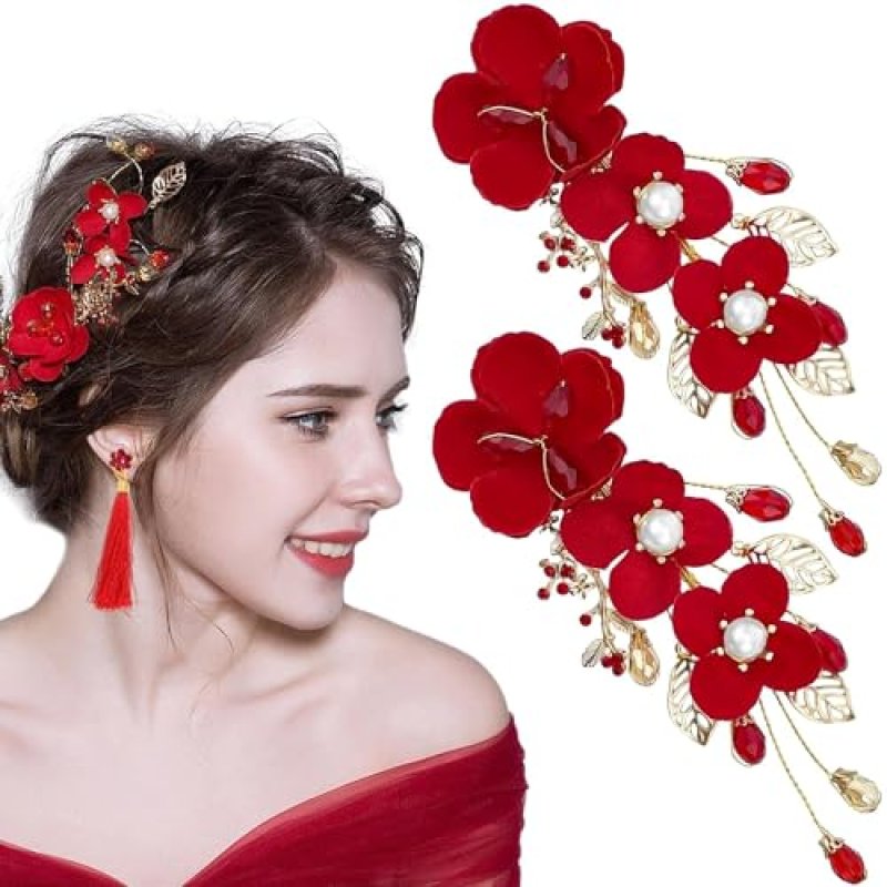 Red Flower Hair Clips Set