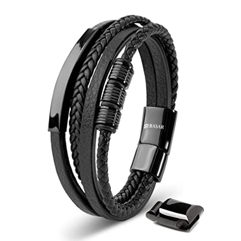 SERASAR Men's Black Leather Bracelet