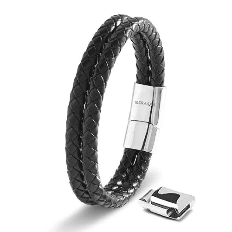 Serasar Men's Silver Leather Bracelet