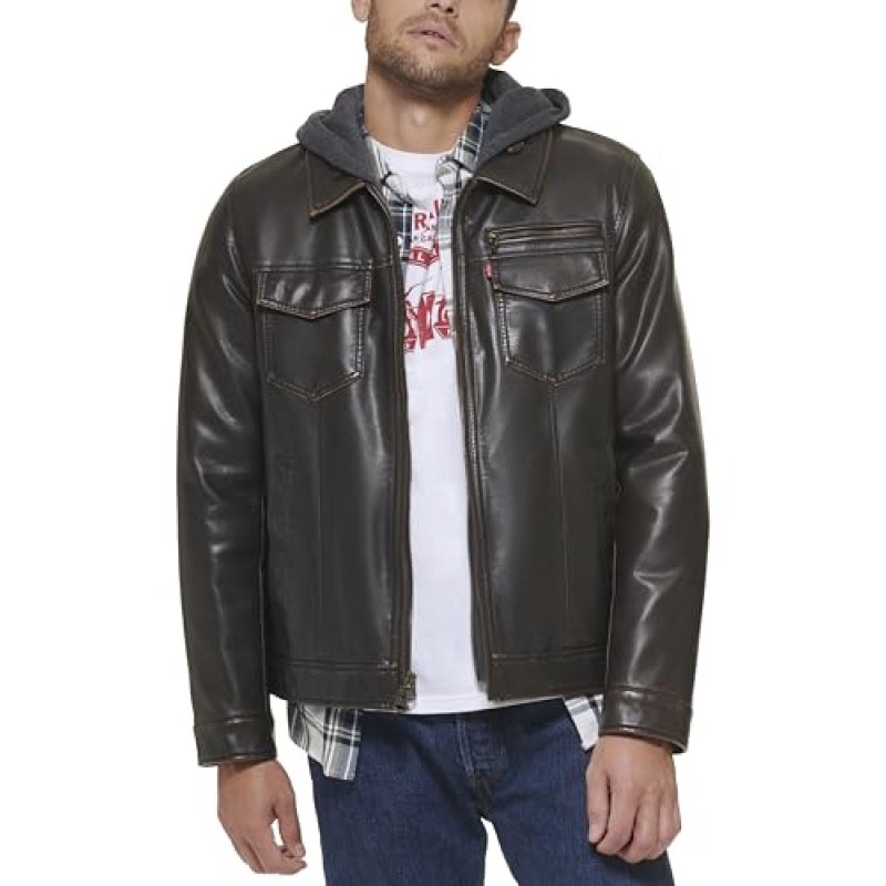 Levi's Men's Faux Leather Hooded Trucker Jacket…