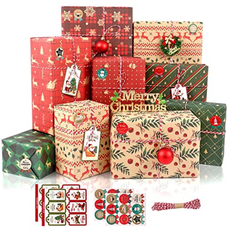 Christmas Wrapping Paper, 12 Sheets Red Green and…