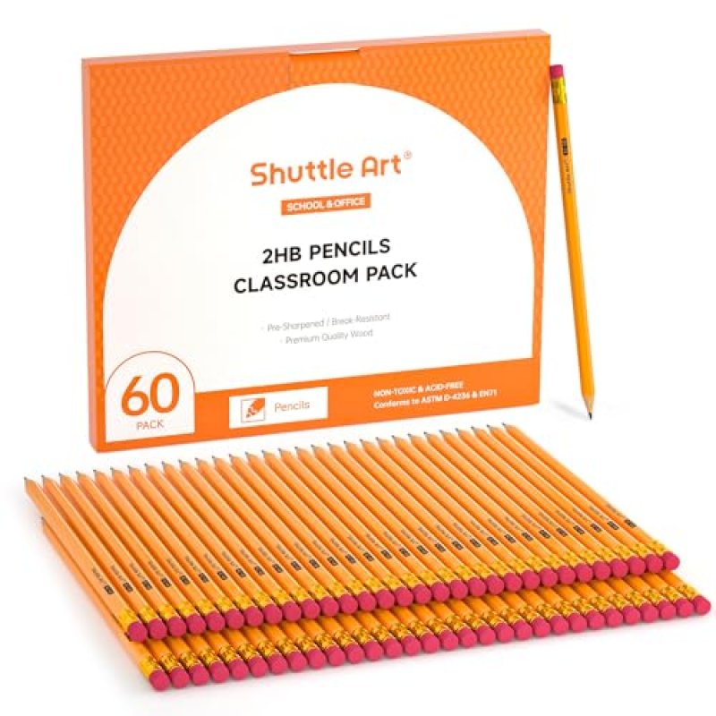 Shuttle Art #2 HB Pencils with Rubbers, 60 Pack,…