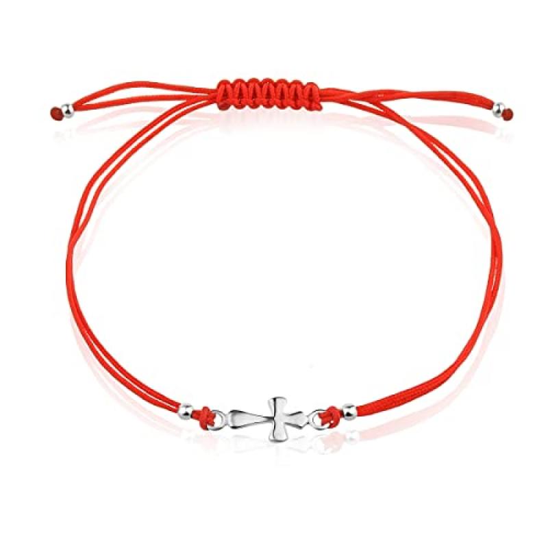 Silver Cross Red String Bracelet
