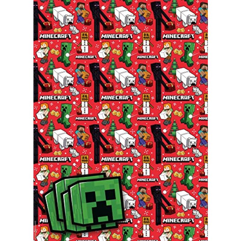 Minecraft Christmas Wrapping Paper 4 sheets & 4…