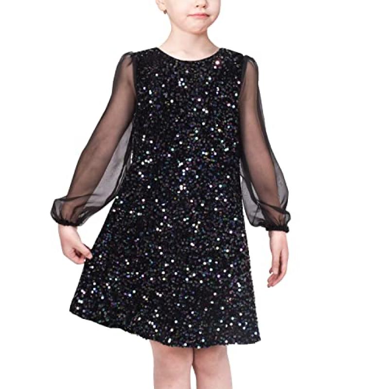 Girls Sequin Mesh Long Sleeve Ball Gown