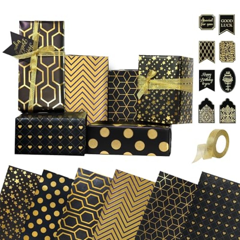 Birthday Wrapping Paper Set, 6 Sheets Metallic…