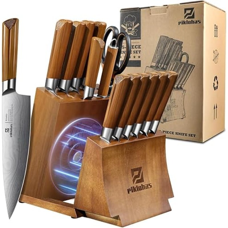 Kitchen Knife Sets with Block, Piklohas 15 Pieces…