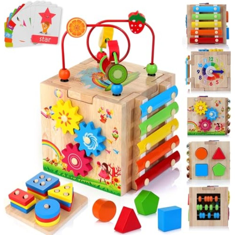HELLOWOOD Wooden Activity Cube Baby Toys