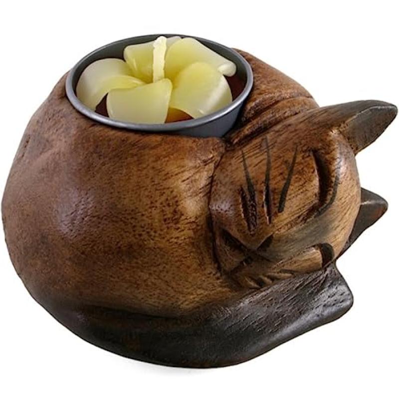 Wooden Tealight Holder with Cat Design