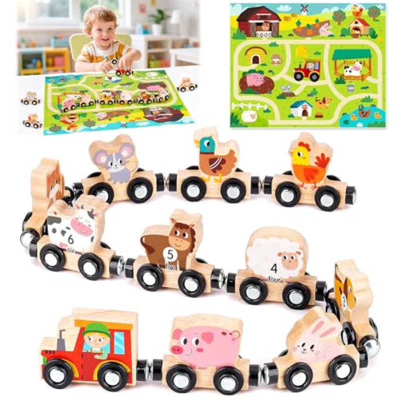 Wooden Train Set with Farm Animals