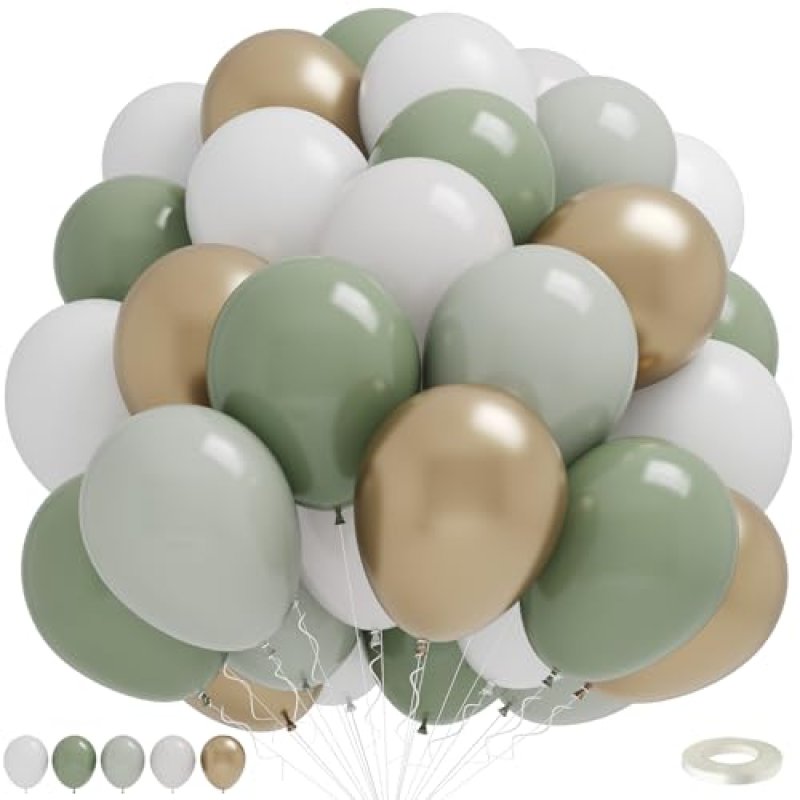 Dusty Green White Gold Balloons, 50pcs Sage Olive…