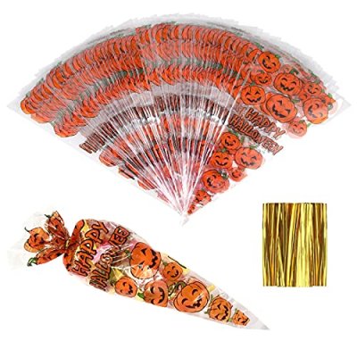 100Pcs Halloween Cone Bags, Pumpkin Cellophane…