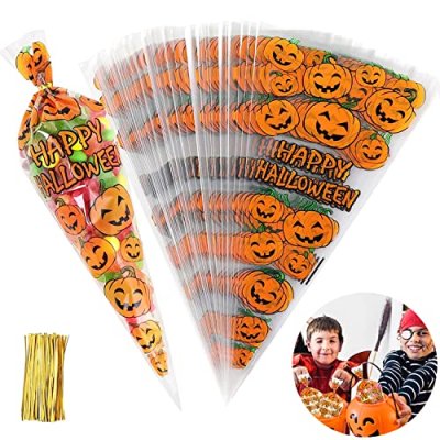 UDIKEFO 100Pcs Pumpkin Cone Bag Halloween Clear…