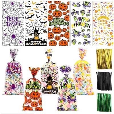 DIYDEC 120pcs Halloween Cellophane Bags, Pumpkin…