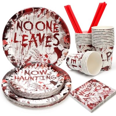 PARTY GO 125PCS Halloween Party Tableware, Red…