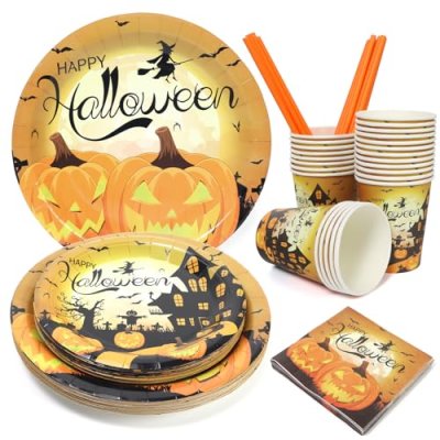 PARTY GO 125PCS Halloween Party Tableware, Yellow…