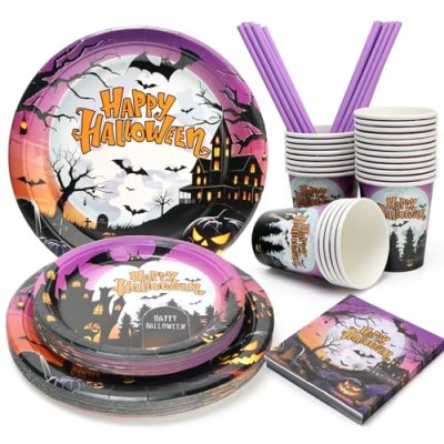 PARTY GO 125PCS Halloween Party Tableware, Purple…
