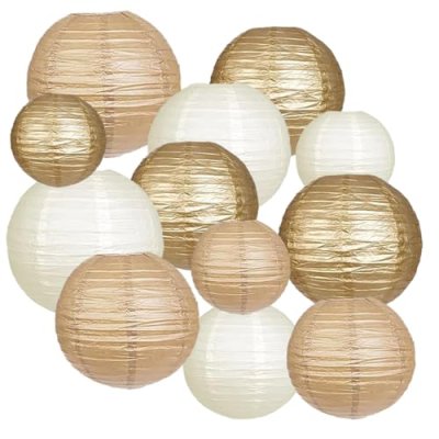 12pcs Gold Cream and Khaki Paper Lanterns,Hanging…