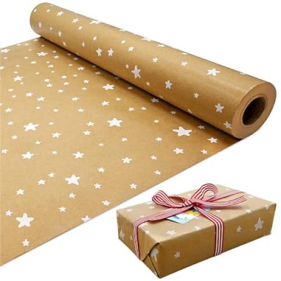 15m Roll of Kraft White Star Wrapping Paper Roll…