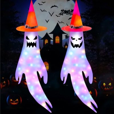 2Pcs Halloween Ghost Windsocks, Hanging Halloween…