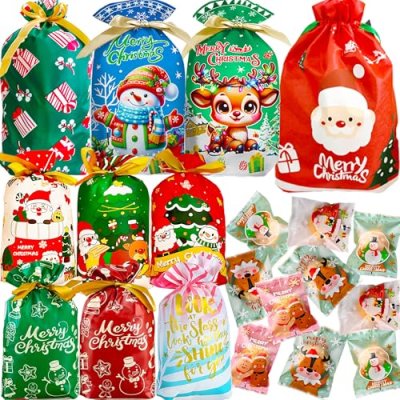 50pcs Christmas Drawstring Gift Wrap Bags Set…