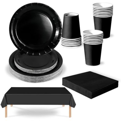 69Pcs Black Party Tableware Plastic Table Cloth…