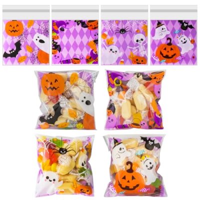 Halloween Candy Bags, 100 PCS Self Adhesive Clear…