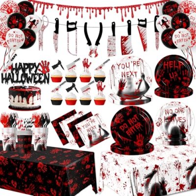 Halloween Party Supplies Tableware,142pcs Killer…