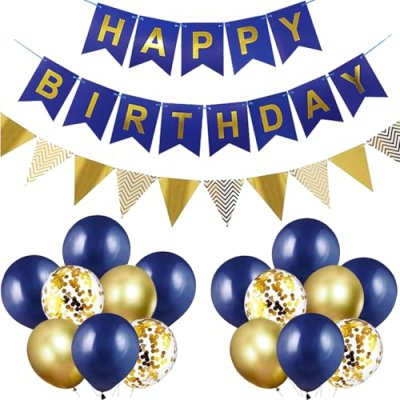 Navy Blue Gold Happy Birthday bunting Banner…