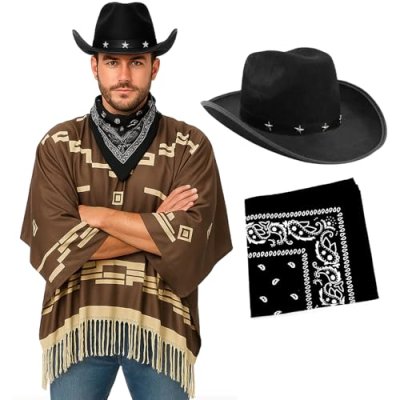 Adults Cowboy Costume - Dark Brown Poncho with…