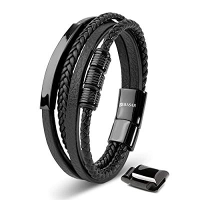 SERASAR Men's Black Leather Bracelet