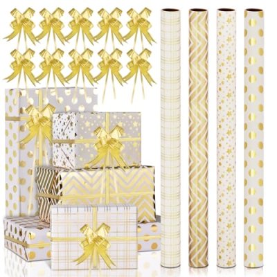 AhfuLife 4 Rolls Metallic Wrapping Paper Set,…