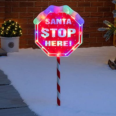 Christow Light Up Santa Stop Here Sign, Outdoor…
