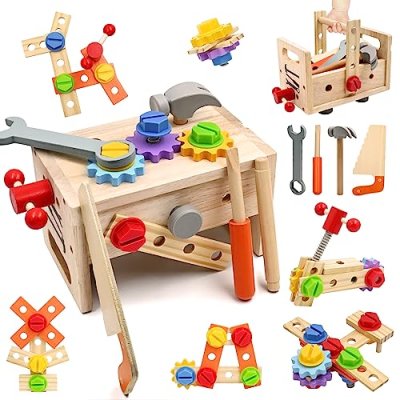 AiTuiTui Wooden Kids Tool Set with Bench