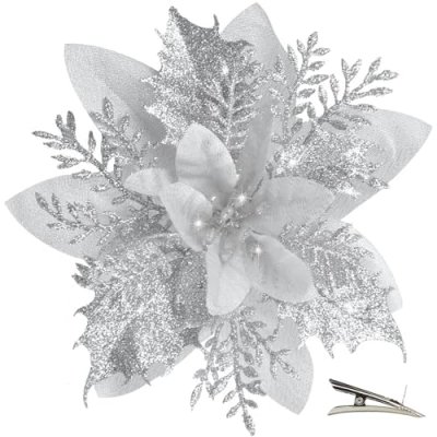 Silver Glitter Poinsettia Clips