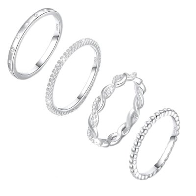 Diorra Sterling Silver Ring for Women, 4PCS Thin…