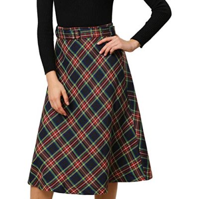 Allegra K Women's Tartan Plaid High Waist Belted…